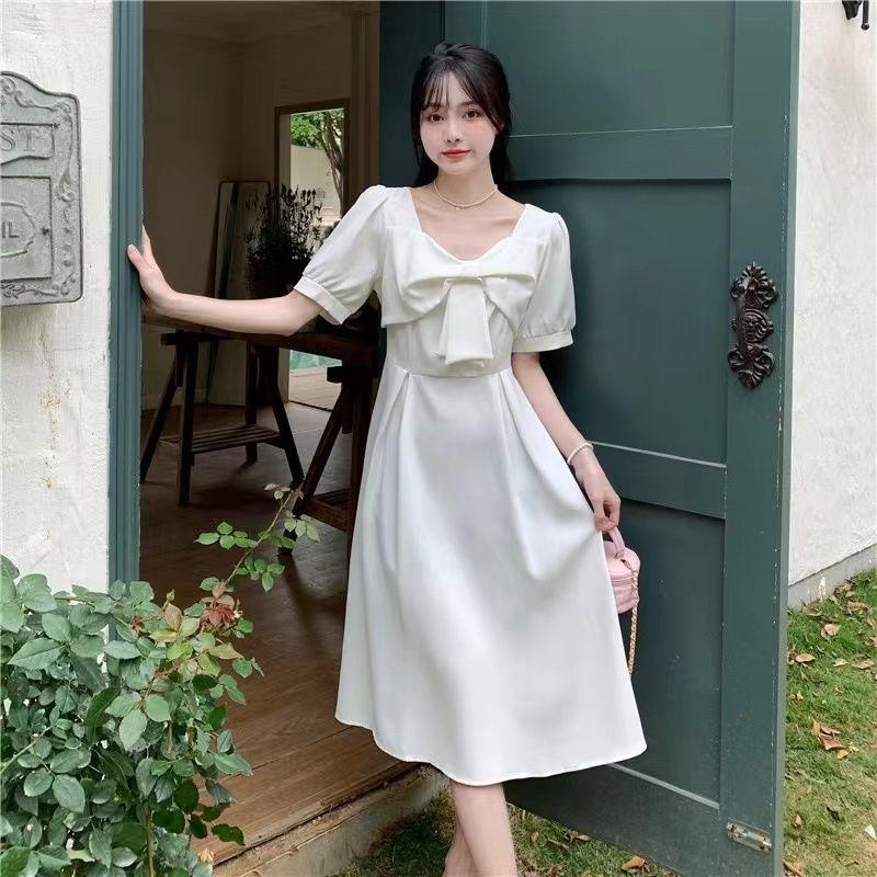 Large Size Summer Dress French Bow Bubble Sleeve White Dress Children Fat Sister Waist and Thin Temperament Long Dress