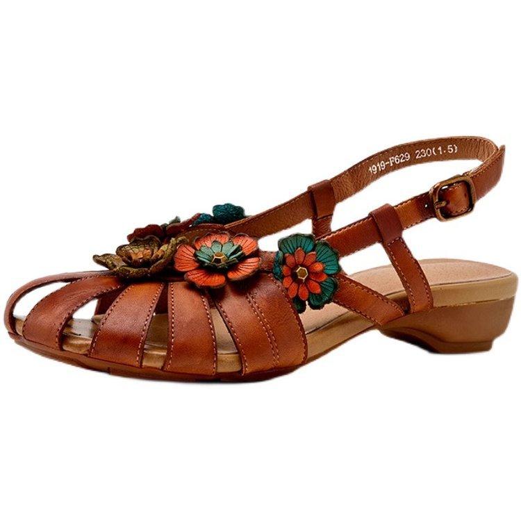 2025 summer new leather sandals women's low-heeled baotou flowers ethnic style comfortable versatile sandals casual wear