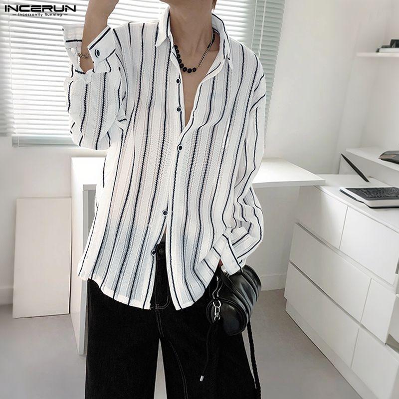 INCERUN Oversized Men Long Sleeve Lapel Striped Hollow Webbing Casual Loose Tops Shirts