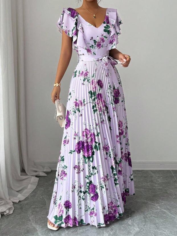 Women Vintage Floral Print Pleated Maxi Dress Ruffle V Neck Self Tie Waist Vacation Long Dress