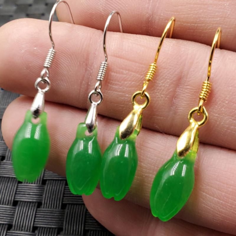 Emerald Green Quartzite Jade Magnolia Dangle Stud Earrings Silver Version