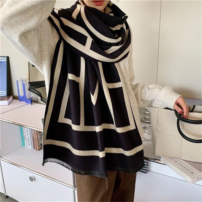 Korean-Style Geometric Colorblock Faux Cashmere Scarf Long Warm Shawl With Tassels Winter Office Wear
