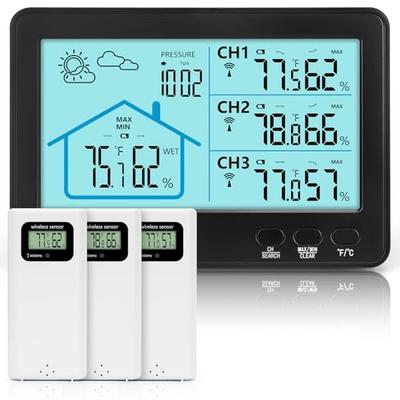 Digital Thermometer and Hygrometer, Wireless Outdoor/Indoor Waterproof, Three Sensors, High-Precision Sensor, Weather Forecast, Large LCD Screen, Back