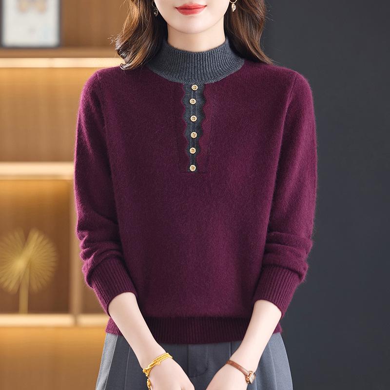 

Women s Color Block Plush Wool Sweater with Half-High Collar - Loose, Slimming, Thick Knit Top for Middle-Aged and Elderly Mothers L (100-115 lbs) бордовый