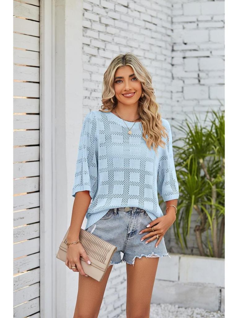 Cardigan Tricotado Feminino Primavera Verão 2025 Gola Redonda Proteção Solar, Acrílico com Renda Transpassado Leve Boho Chic Shrug de Praia