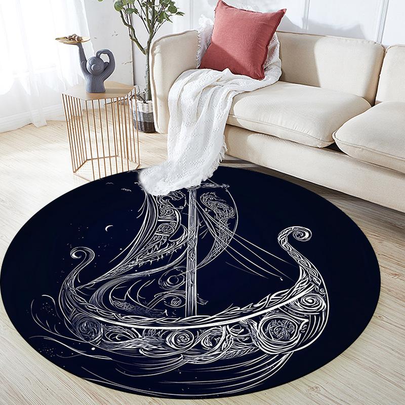 Viking Ship,Round Area Rug,Carpet Rug for Living Room Bedroom Sofa Playroom Decor,Non-slip Floor Mat