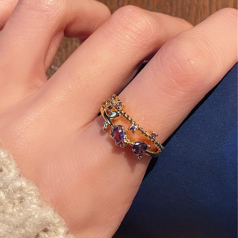Medieval French Retro Nine Purple Off Fire High-End Purple Zir*****Pen Ring Wheat Ear Flower Accessories Women