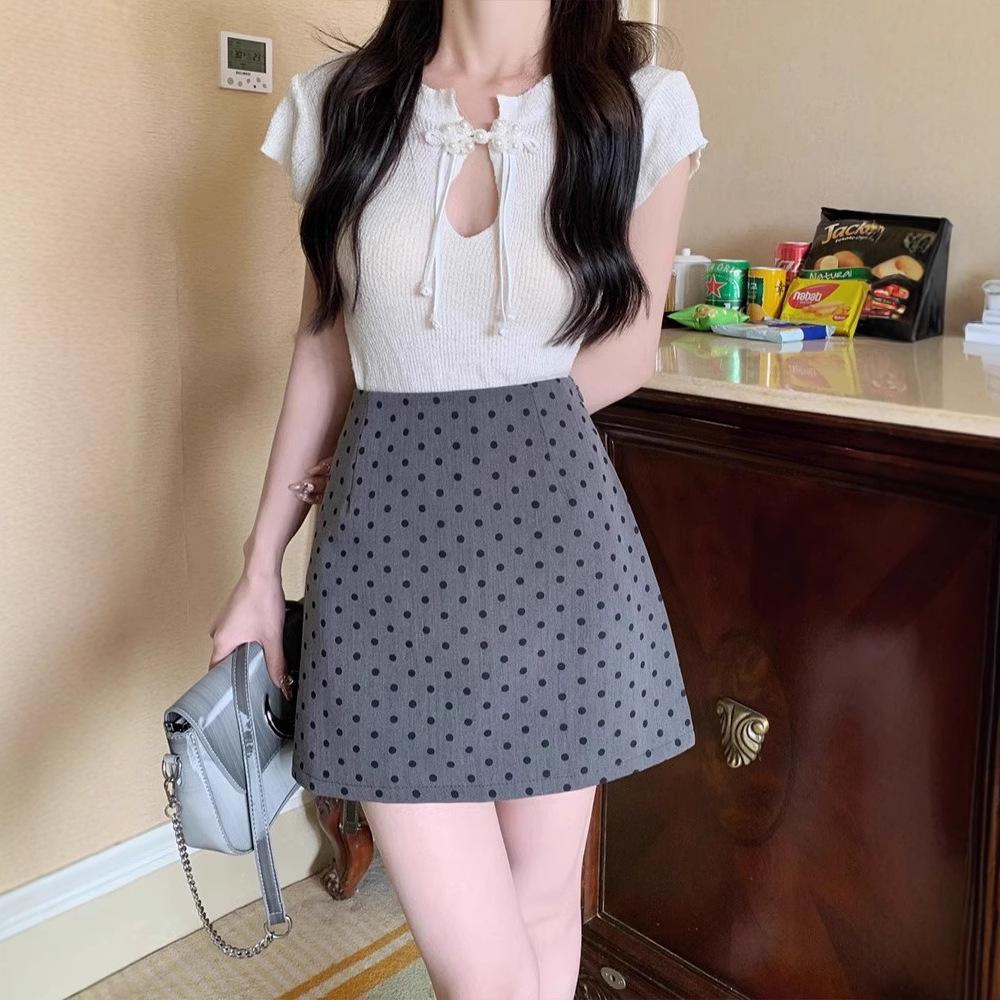 Women's Black Bodycon Skirt: White Polka Dot, High Waist, A-line, Summer Casual Versatile Short Skirt