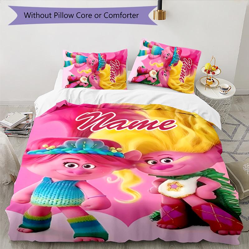 3pcs Trolls3 Cover Set - Personalized Name, HD Printed Bedding with 1 Cover and 2 Pillowcases - Perfect for Home Decor, Easy Care