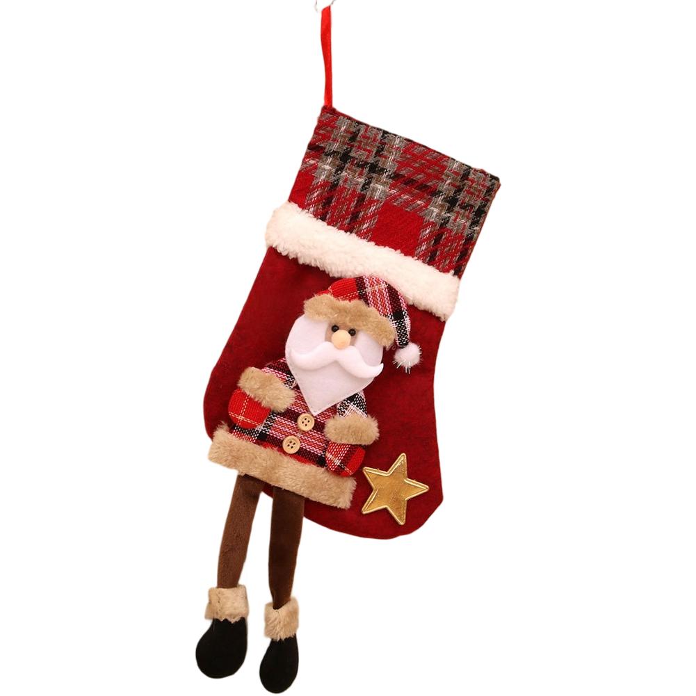 Festlicher karierter Weihnachtsstrumpf mit Aufhängeschlaufe zur Baumdekoration und großer Süßigkeiten- und Geschenkeaufbewahrungsbeutel für Kinder