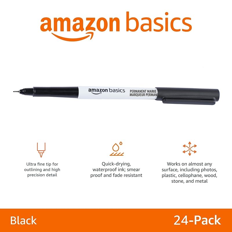 Amazon Basics Extra Fine Tip Oil-Based Markers, Black, 24-Pack