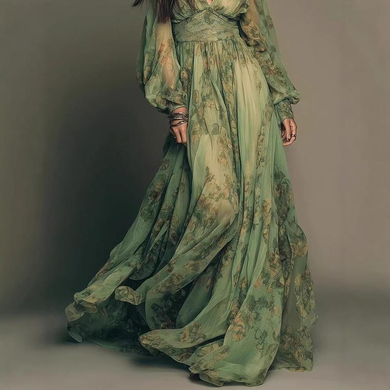 Women's Floral Maxi Dress V Neck Long Sleeve Boho A Line Vacation Long Dress