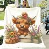 1pc Highland Cattle Floral Blanket Soft, Warm, And Versatile Adorable 3D Printed Design with Flowers And Rustic Wooden Crate Perfect for Naps, Travel,