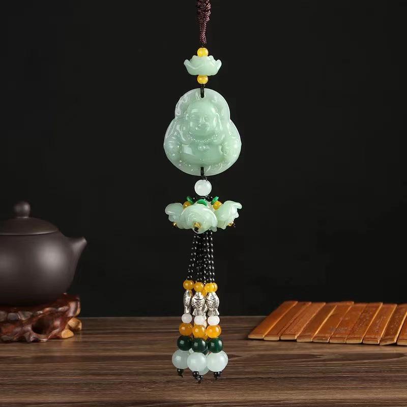 Green Jade Car Pendant: Pi Xiu and Lotus Ornament for Interior Peace