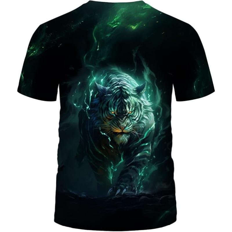 Men's Summer 3D T-shirt Fashionable Casual Loose Pattern Animal Tiger Print Round Neck Short Sleeved T-shirt Top