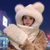 Warm 3-in-1 Cap Scarf Gloves Set Winter Integrated Cap Scarf Bear Ear Hooded Scarf  for Women