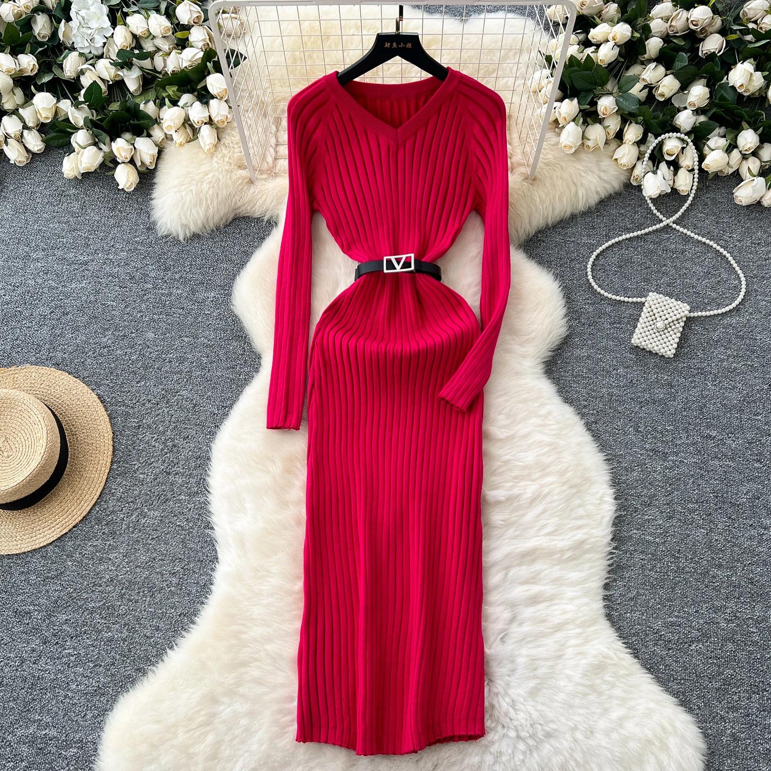 Винтажное базовое платье с V-образным вырезом и длинным рукавом — фото 23