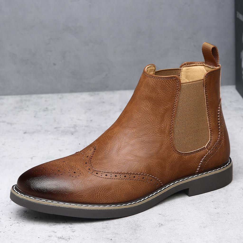 Brock Engraved Men's Boots Leather Casual Chelsea Boots Men's Trend Martin Boots Retro British Velvet Cotton Boots