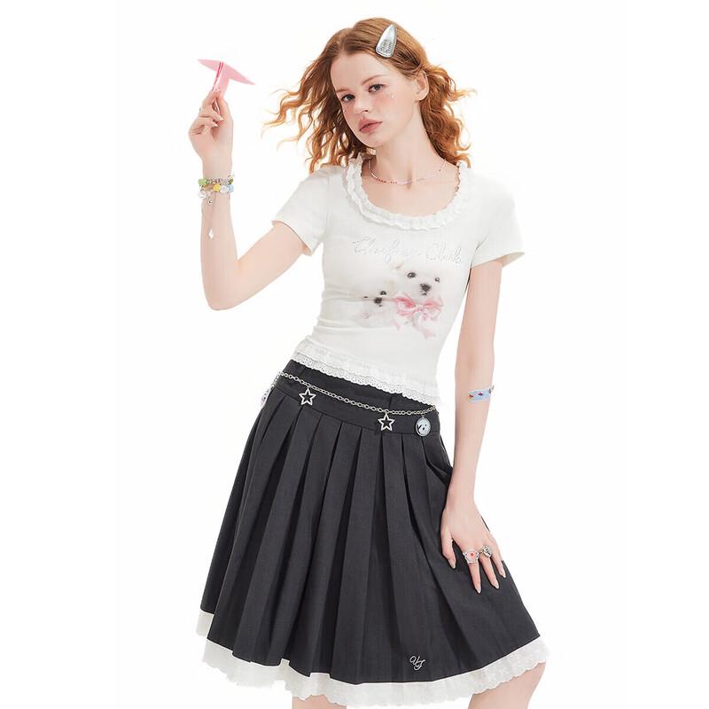 UNIFREE Dog Print Lace Trim Square Collar T-Shirt
