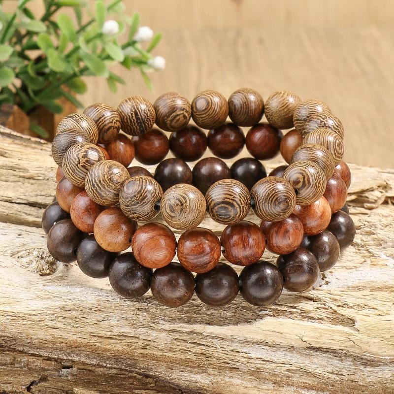 TopHanqi 3pcs Vintage Style Multi-color Wooden Beaded Elastic Stretch Bracelet Set for Men and Women