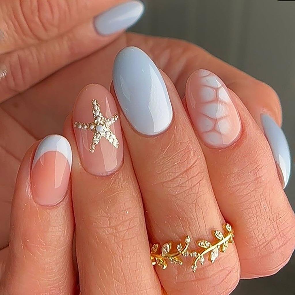 Blue Crocodile Texture Press On Nails with Star Decoration 24 Pieces Resin Manicure Wearable Artificial Nails