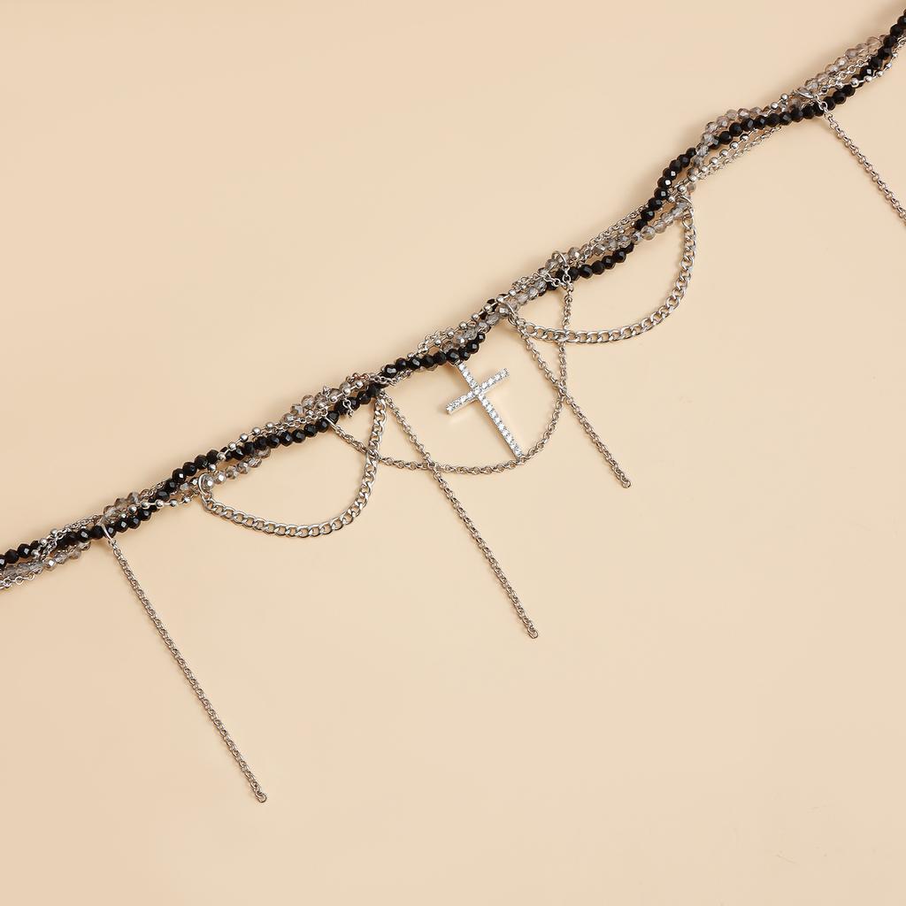 New Cross Pendant Beaded Necklace Women Boho Crystal Class Tassels Clavicle Chain Cool Choker Exquisite Fashion Jewelry