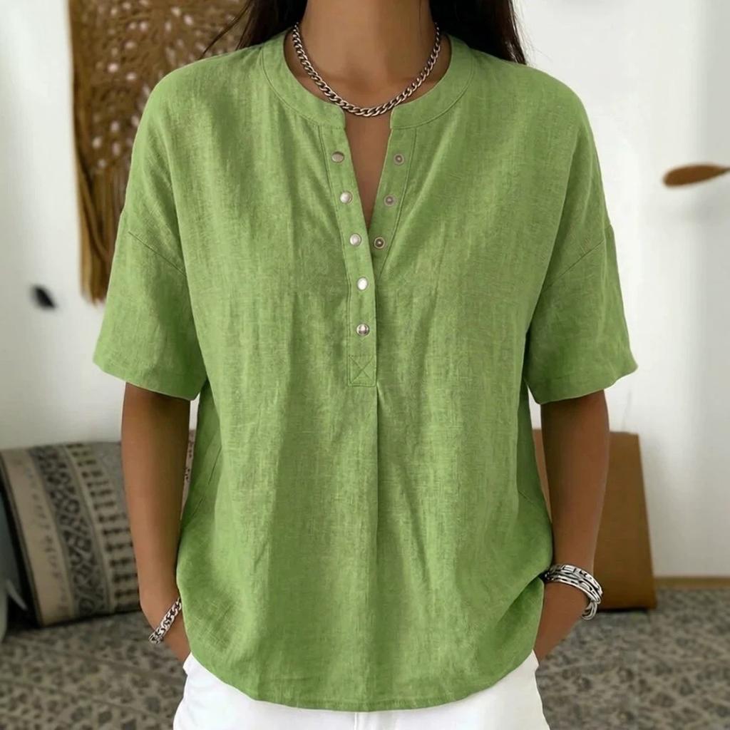 Women's Linen Blend Henley Neck Short Sleeve Casual Shirt
