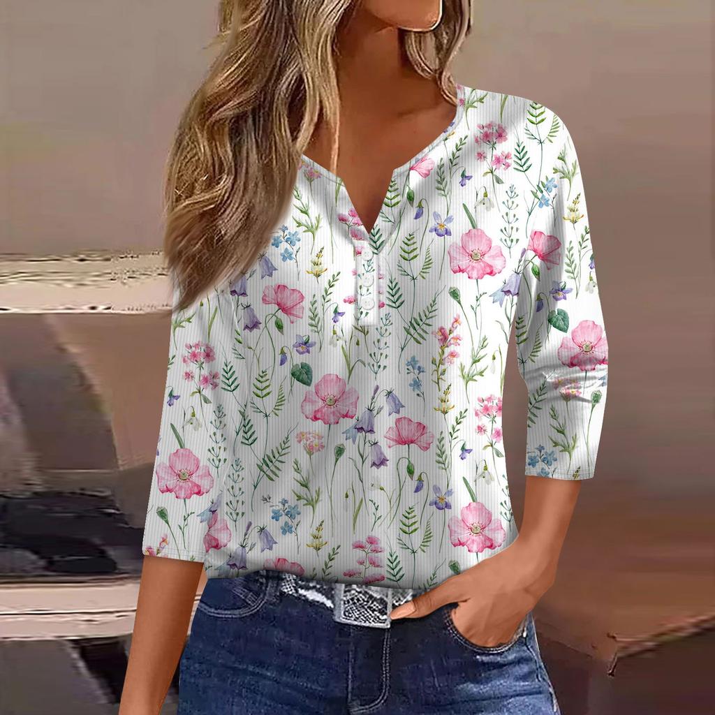 Women's T Shirt Tee Print Button 3/4 Sleeve Tunic Daily Weekend Fashion Basic V- Neck Regular Top