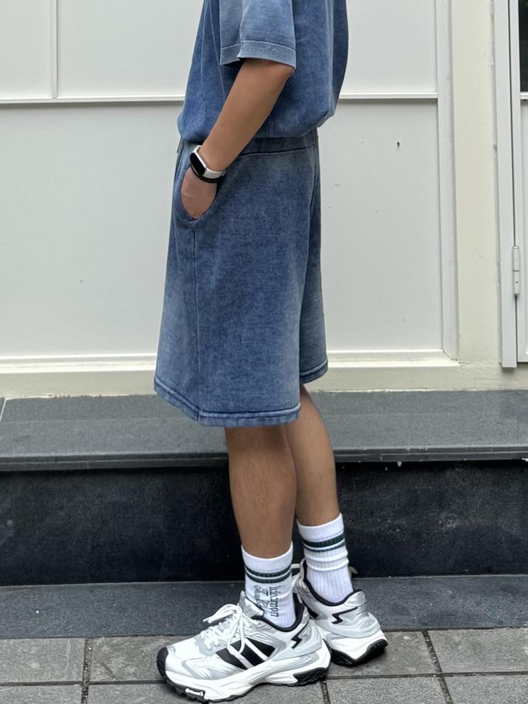 [CHANGE WELL] Men's 2025AW Faded Look Fashion Casual Autumn Clothing [Washed Finish] Big Silhouette Knit Half Pants (INDIGO, XL)