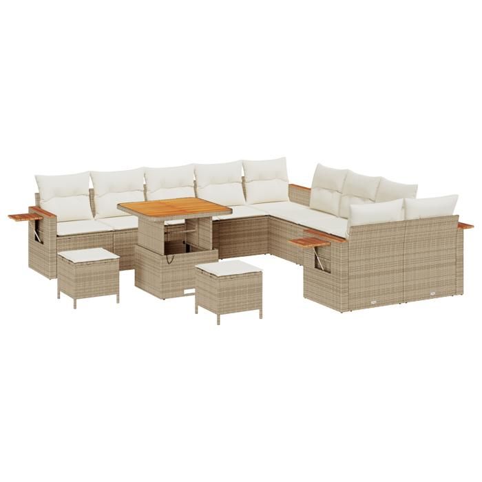Ensemble de canapé de jardin 13 pièces avec coussins beige poly rattan acacia, Ensemble de salle à manger de jardin 3 pièces 3365181