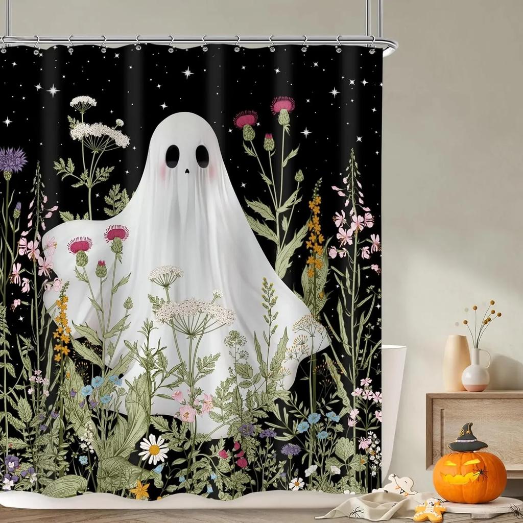 Halloween Scary Spooky Shower Curtain Pumpkin Bat Spider Scary Skeleton Holiday Gift Shower Curtains Bathroom Decor with Hooks
