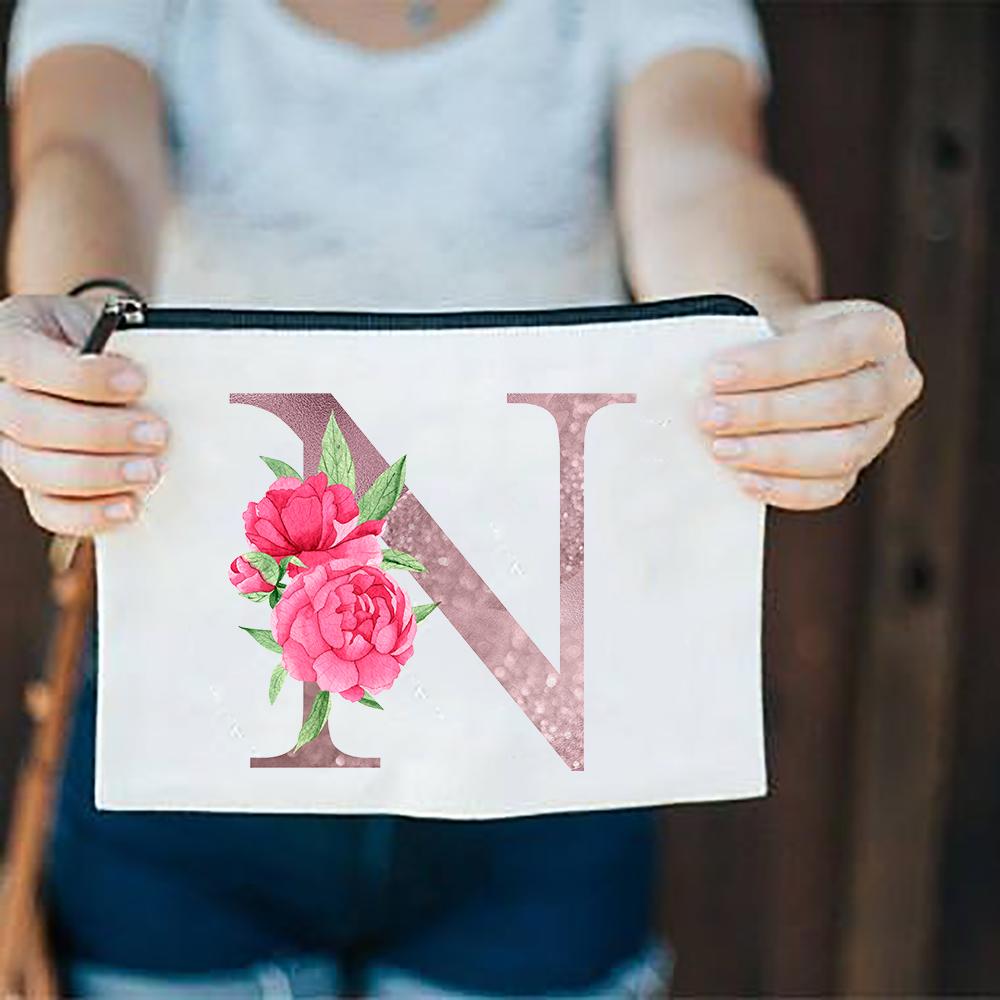 Pink Flowers Alphabet A-Z White Canvas Makeup Bags Zipper Cosmetic Pouch Ladies Casual Fashion Storage Organizer Make Up Bag