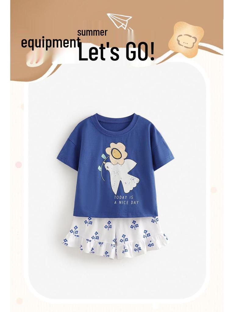 Malwee Girls' European & American Summer Two-Piece Set: Cute Round Neck Short Sleeve for Girls