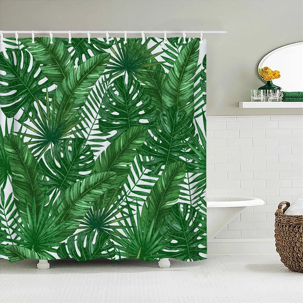 Green Plant Leaves Shower Curtains Bath Curtain Bathroom 3d Printed Fresh Waterproof Polyester Cloth With Hooks Home Decor Mat