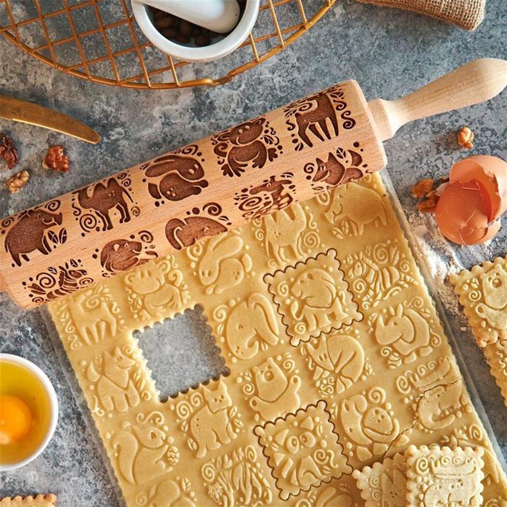 Neues tierisches Holz-Nudelholz Prägung Backen Kekse Nudeln Keks Fondant Kuchen Teig Gemustertes Rollelement Schneeflocke Dropshipping
