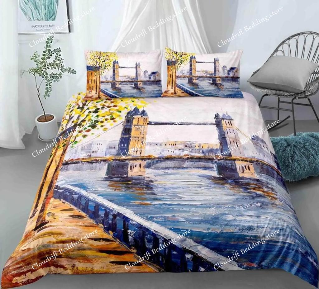 Bridge Landscape Digital Printing Duvet Cover Set For Kids Boys Girls Polyester Bedding Set Double Single Size With Pillowcase