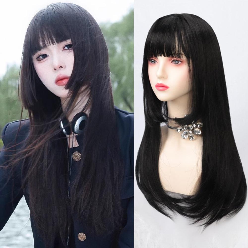 Highlights Synthetic Black Wig With Bangs Heat Resistant Cosplay Lolita Wigs Cosplay Party чёрный