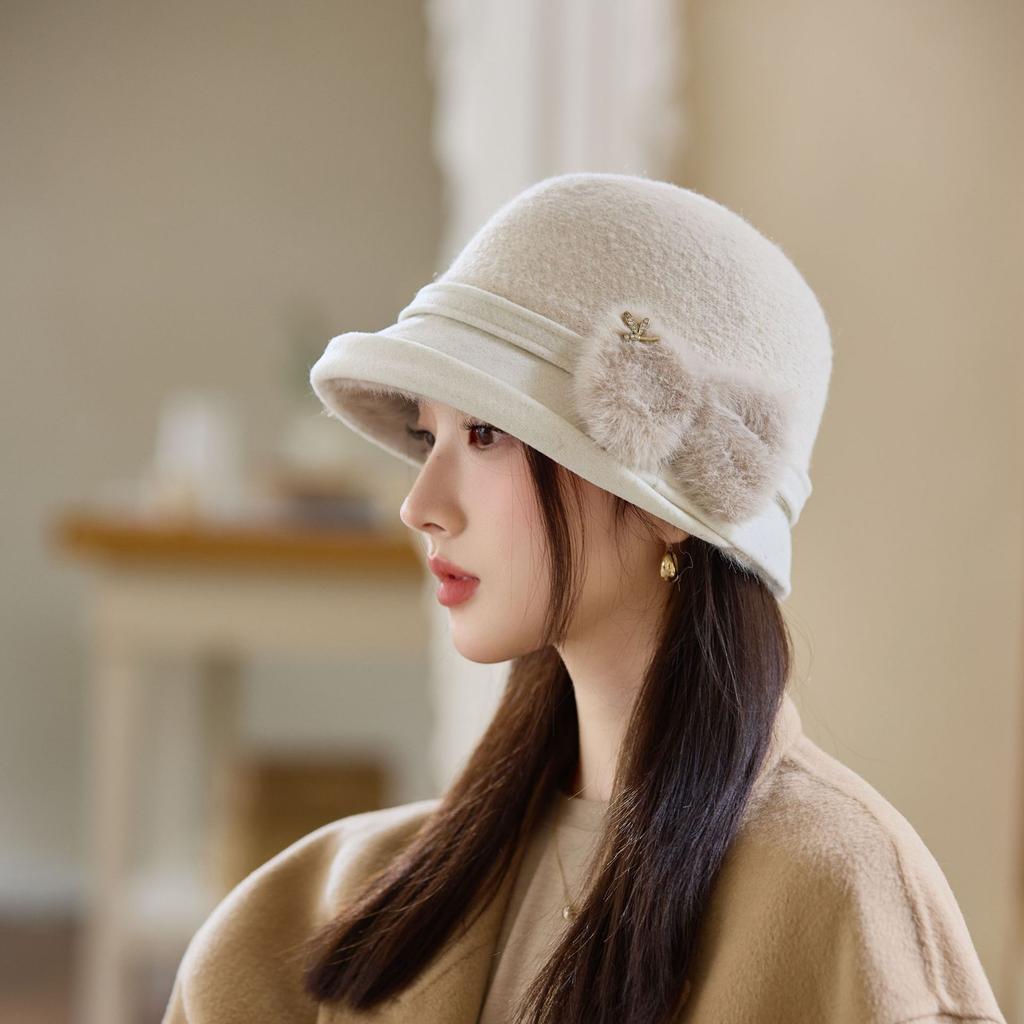 Bucket Hat Women's Autumn and Winter Ear Protection Warm Basin Hat Retro Elegant Top Hat