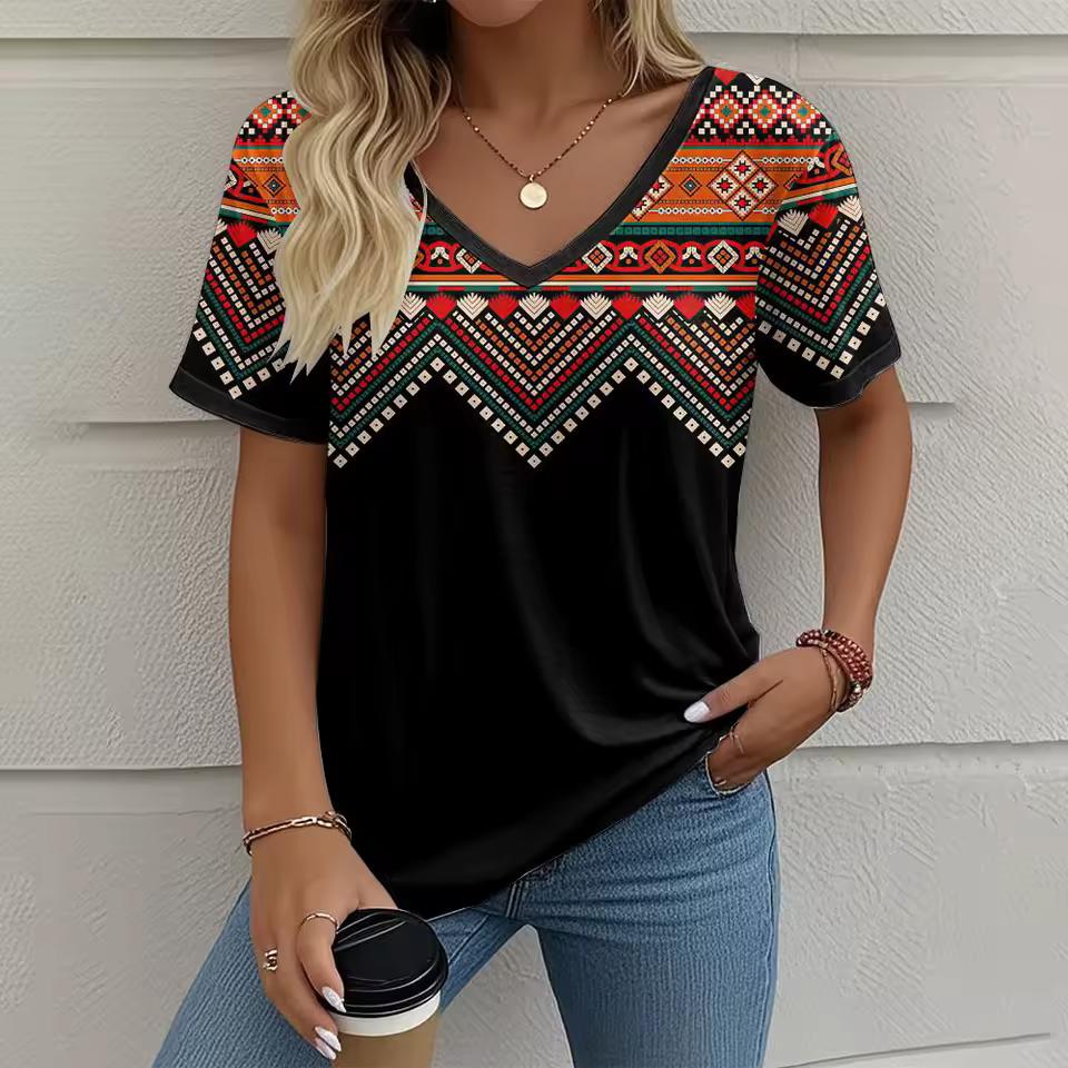Summer Women's T-Shirt Bohemia Ethnic Style Short Sleeve Tees Fashion V-neck Loose Tops Daily Casual Comfortable Female Clothing