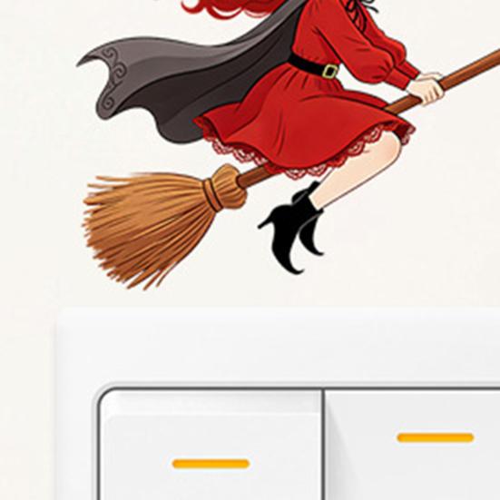 Festive Party Ornaments Halloween Switch Sticker, Witch Riding Broom Light Decal, Easy Apply Wall Stickers Self-Adhesive for Bedroom Living