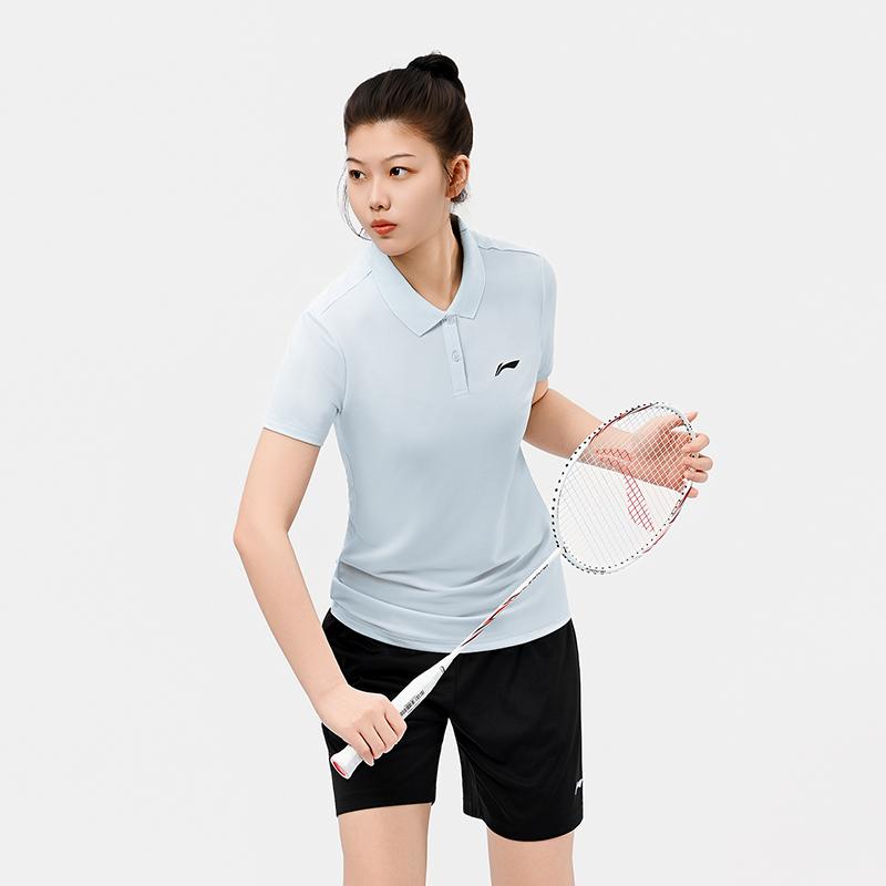 Li Ning Badminton Series Simple Elegant Slim Lightweight Breathable Casual Versatile Polo Shirt T-Shirt Women tops Sky-Blue APLR126-8