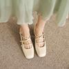 Sheepskin new high-heeled single shoe cross with square toe French silver Mary Jane shoes 5CM