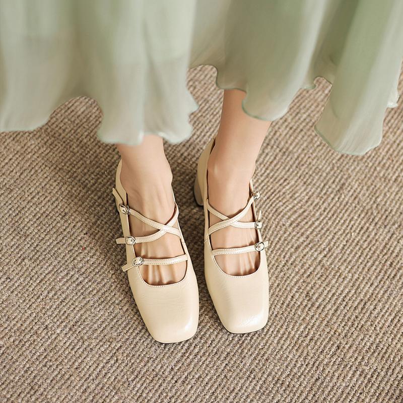 Sheepskin new high-heeled single shoe cross with square toe French silver Mary Jane shoes 5CM