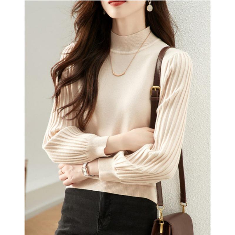 Podzimní a zimní spodní tričko s polovičním rolákem, hřejivé nabírané rukávy, pletený svetr pro malé postavy, ležérní svetr pro ženy