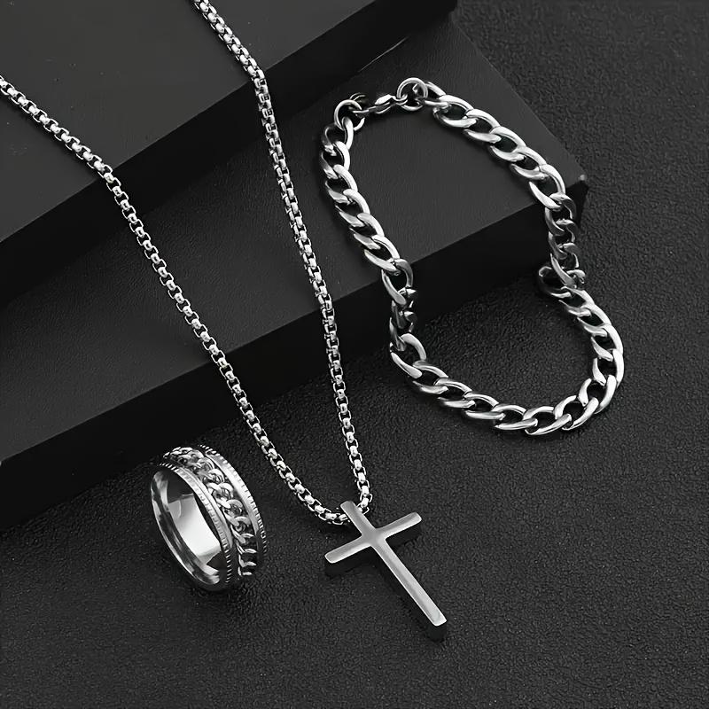 Men s Stainless Steel Necklace, Bracelet, and Ring Set in Hip-Hop Punk Style with Cuban Chain