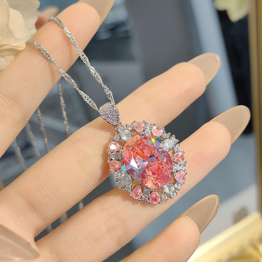 Fashion Luxury Pink Diamond Pendant Necklace Light Luxury Elegant Pigeon Egg Argyle Pink Ring Colorful Treasure Set Women