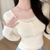 Womens U-Neck Lace Trim Long Sleeve Top Soft Stretch Slim Fit Fall Tee Sweet Chic Layered Look