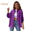 Women Denim Jacket Retro Single-breasted Ripped Hole Turn-down Collar Long Sleeves Solid Color Flap Pockets Lady Coat Commuting Shopping Coat