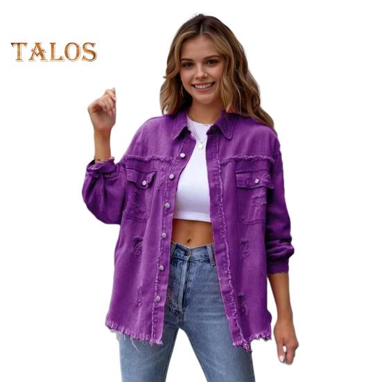 Women Denim Jacket Retro Single-breasted Ripped Hole Turn-down Collar Long Sleeves Solid Color Flap Pockets Lady Coat Commuting Shopping Coat