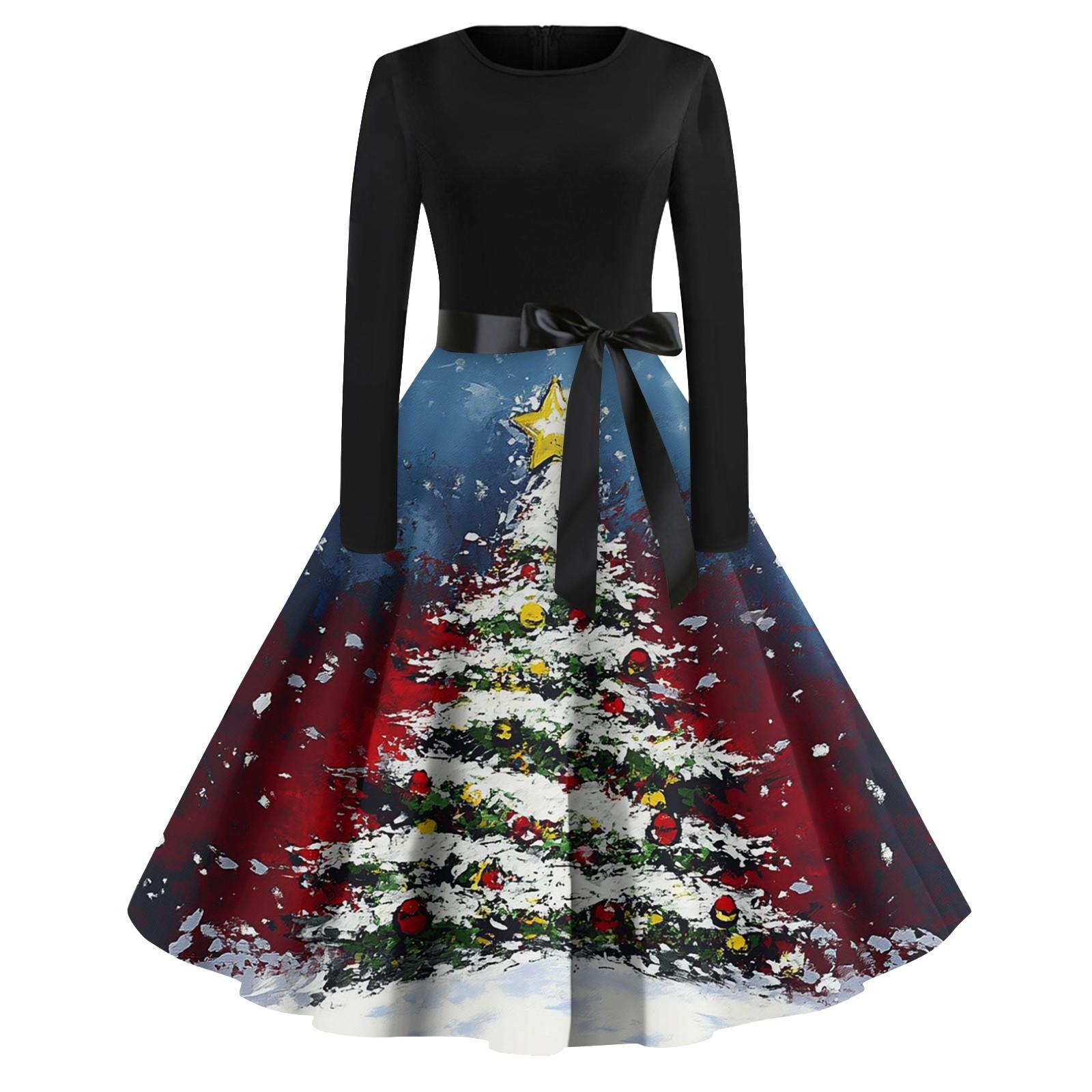 

Женская мода винтаж с длинным рукавом и круглым вырезом с рождественским принтом вечерние платья платья XXL